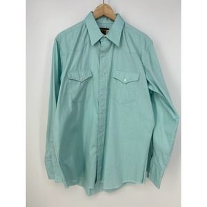 Wrangler Gold Mens 16 1/2 x 34 Light Aqua Blue Long Sleeve Button Front Shirt